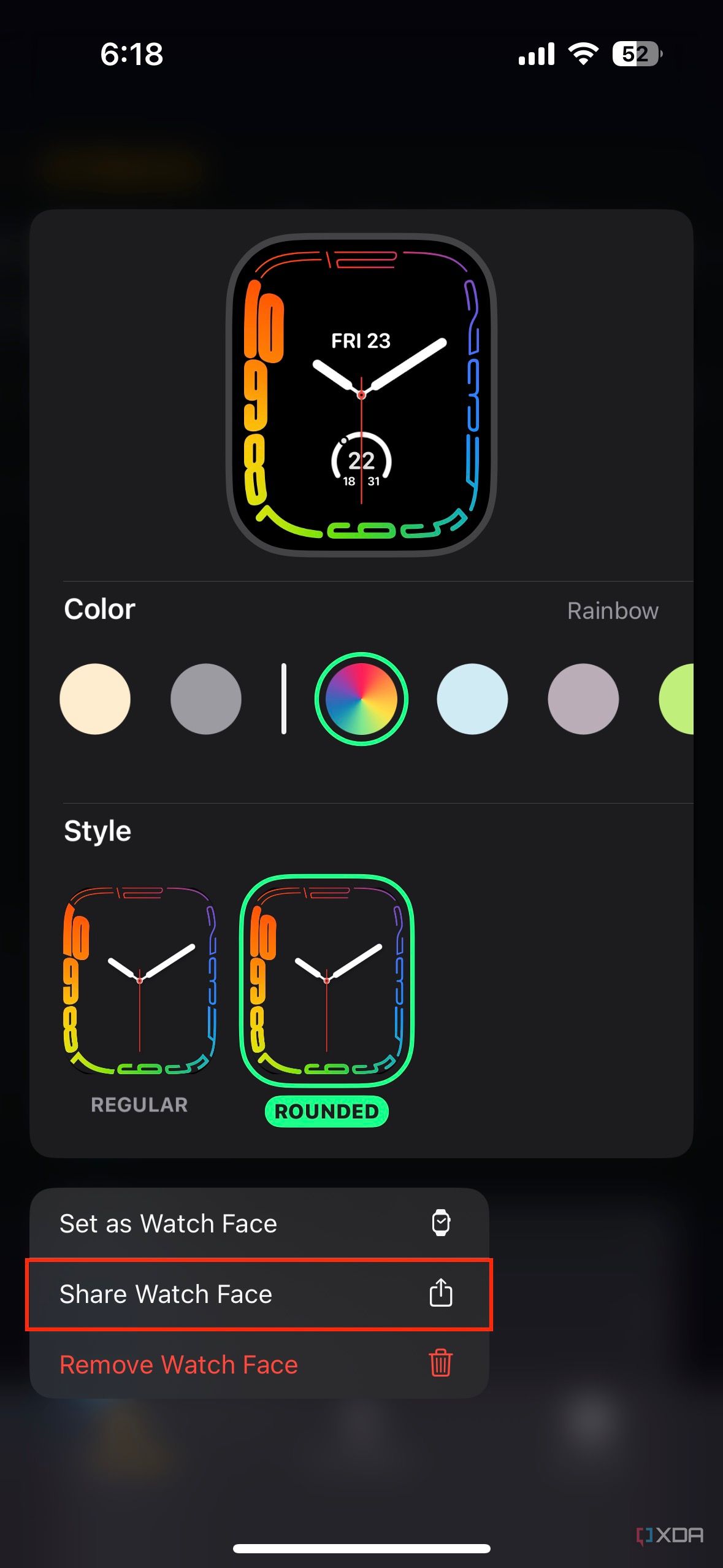 Share watch face option in the iOS Watch app