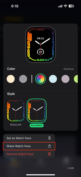 Share watch face option in the iOS Watch app