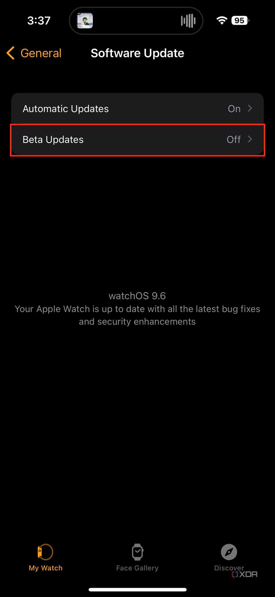 beta updates section in the watch app on iOS