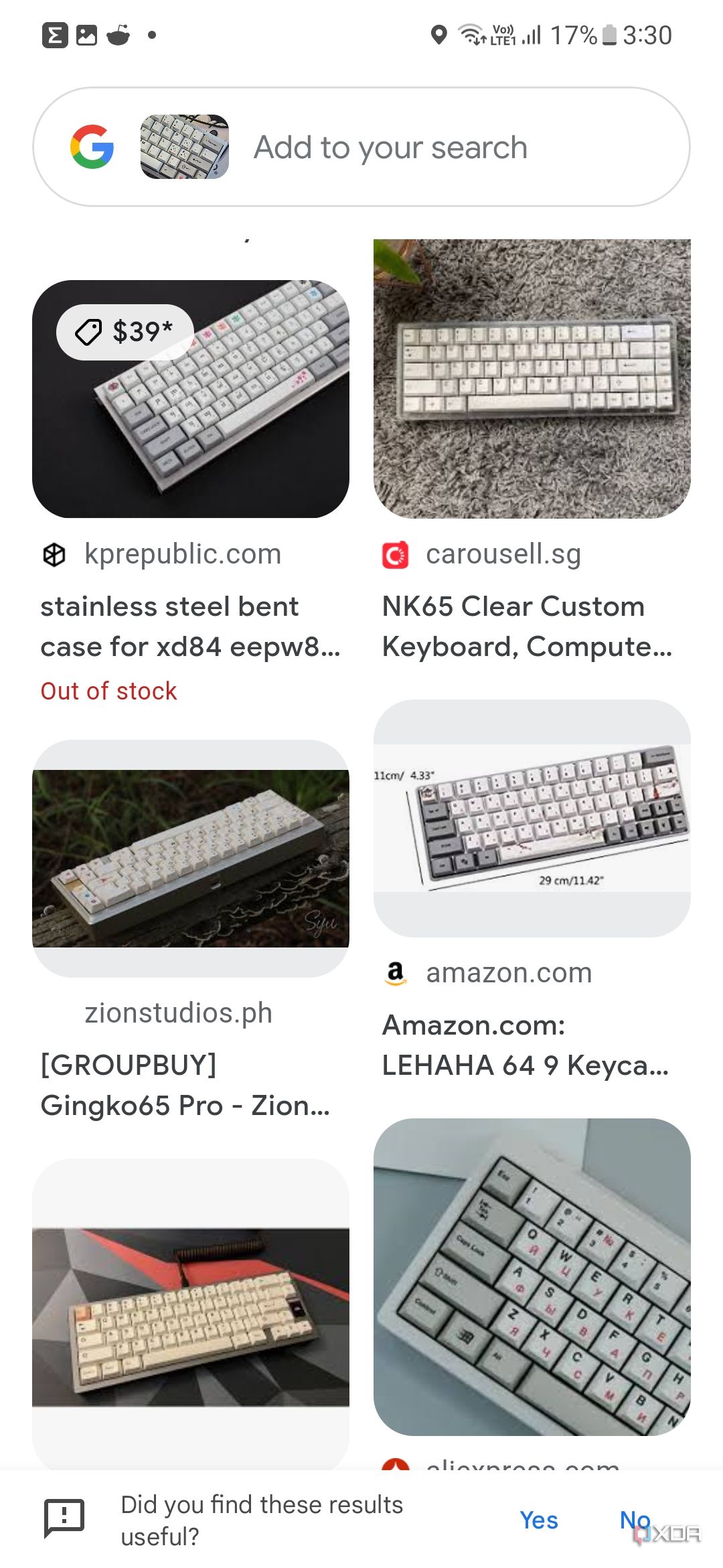 A screenshot showing a shopping results for mechanical keyboards in Google Lens.