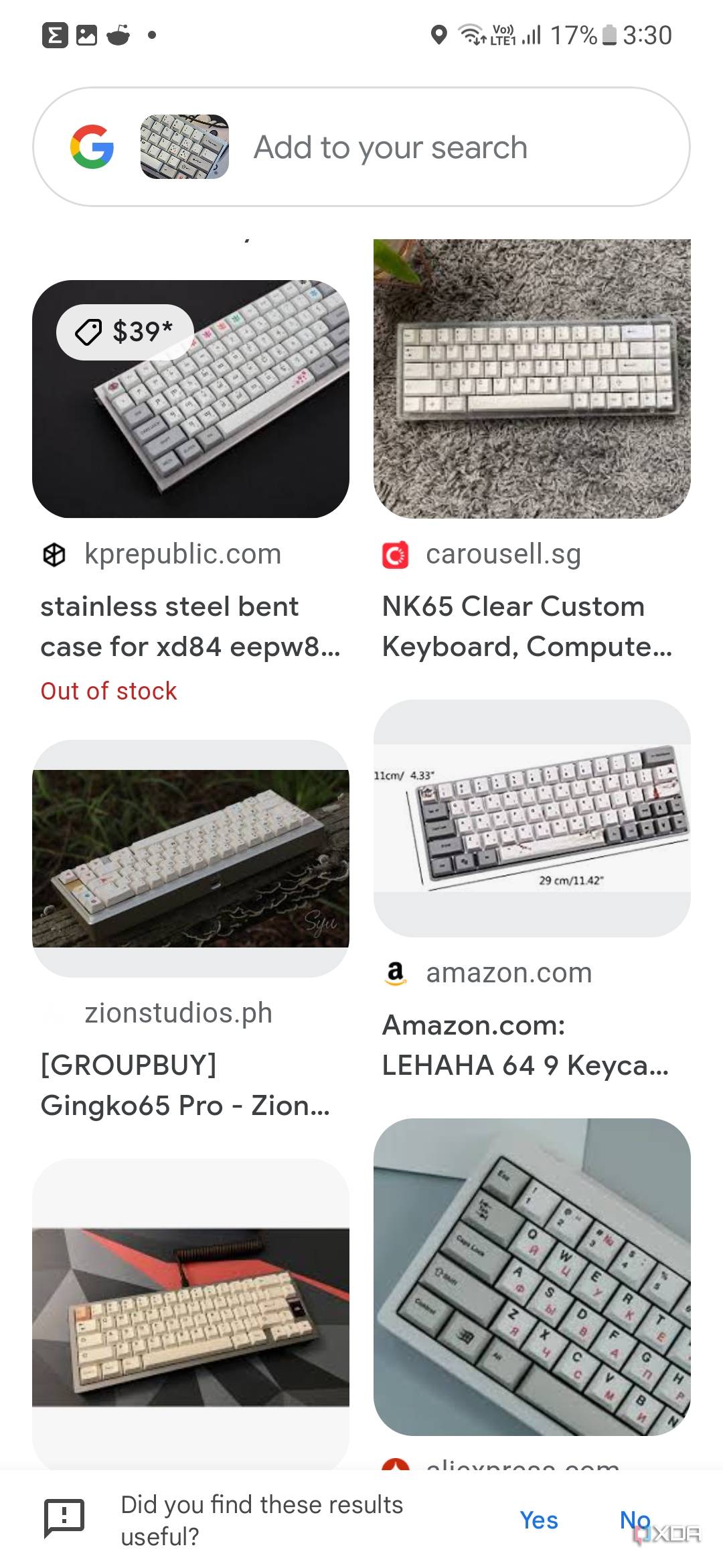 A screenshot showing a shopping results for mechanical keyboards in Google Lens.