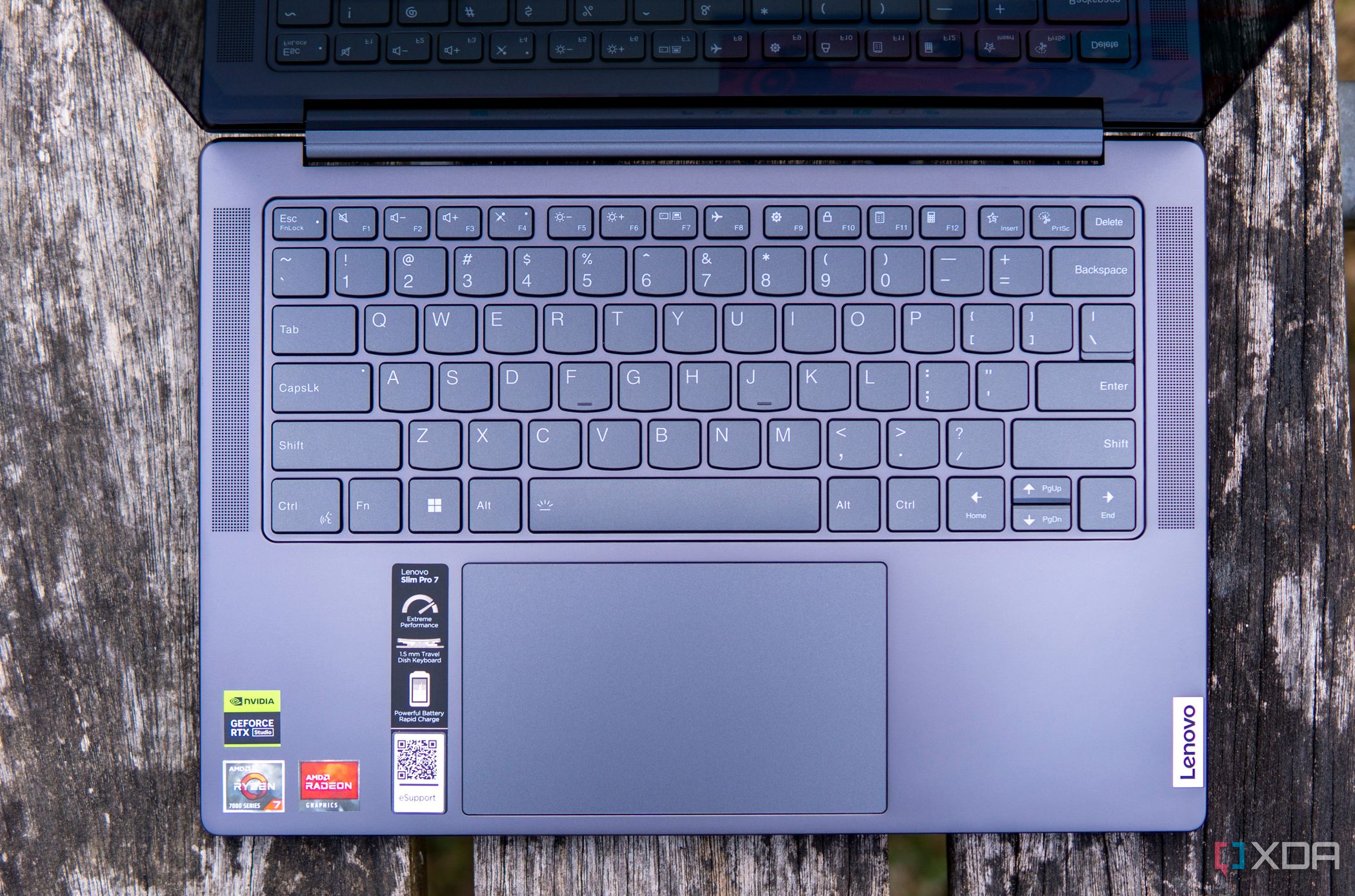 Overhead view of the Lenovo Slim Pro 7 keyboard and touchpad