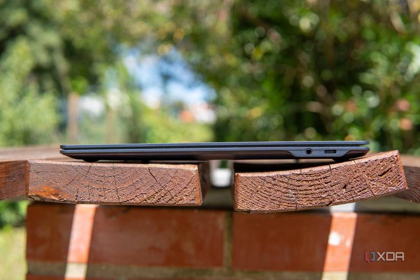 Right-side view of the LG Gram SuperSlim with the lid closed, showing a USB Type-C port and a headphone jack