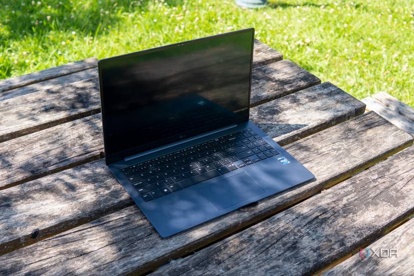 Angled front view of the LG Gram SuperSlim facing right on a wooden table