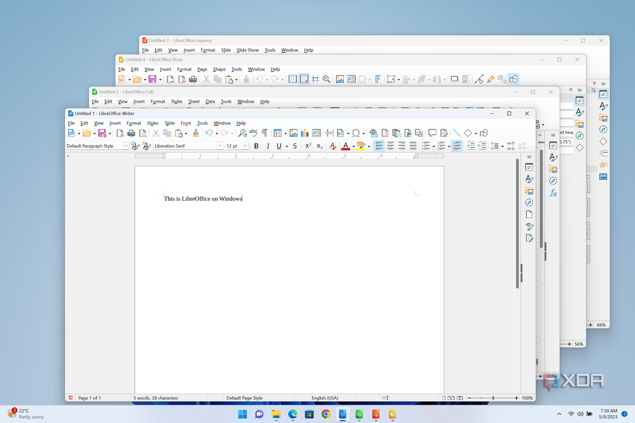 Screenshot of LibreOffice Writer, Calc, Impress, and Draw running on Windows 11
