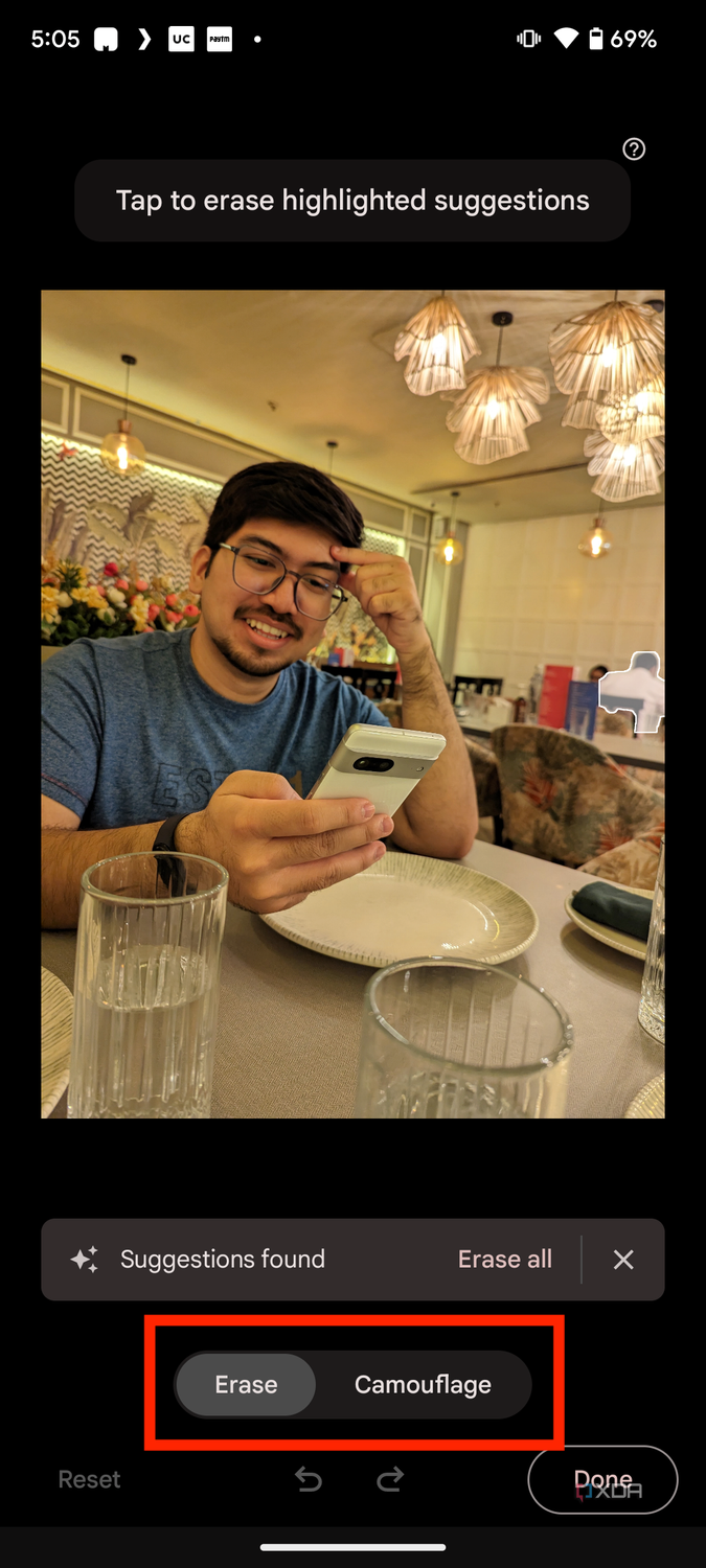 A screenshot captured on a Pixel 7 showing the Magic Eraser and Camouflage tools in Google Photos.