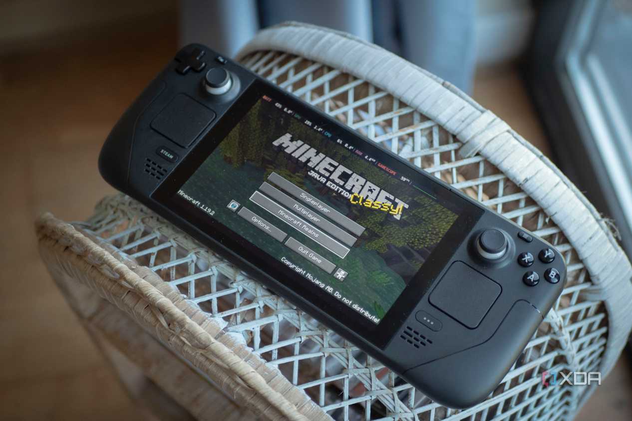 Steam Deck sitting on the table with Minecraft active on the screen