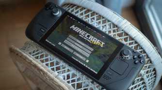 Steam Deck sitting on the table with Minecraft active on the screen