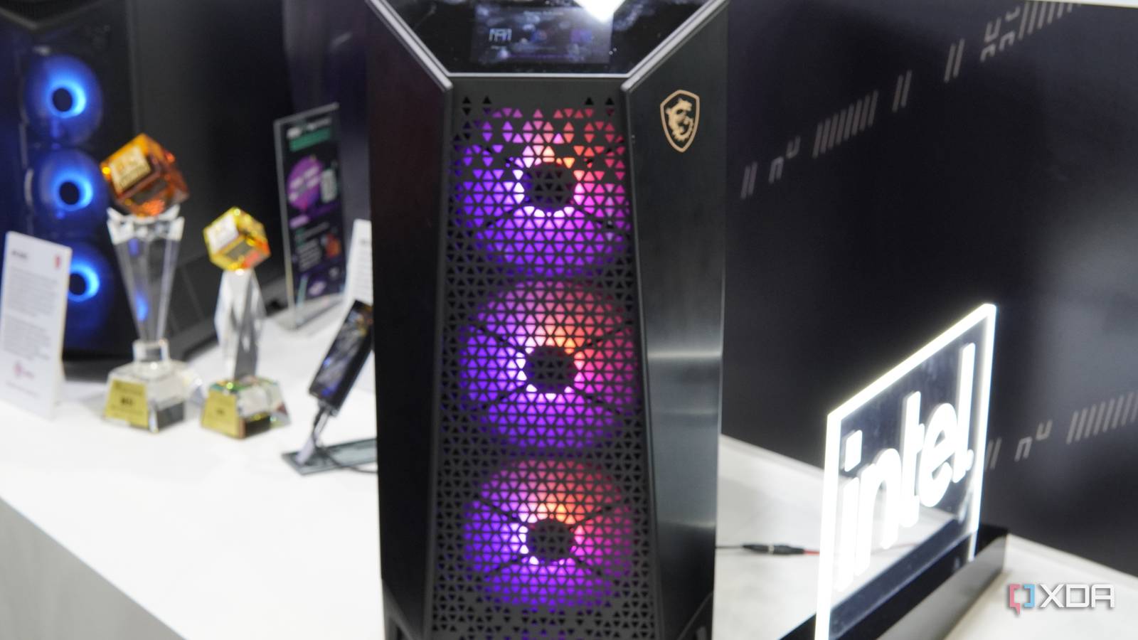 Front view of an MSI MEG desktop PC case with RGB fans at the front
