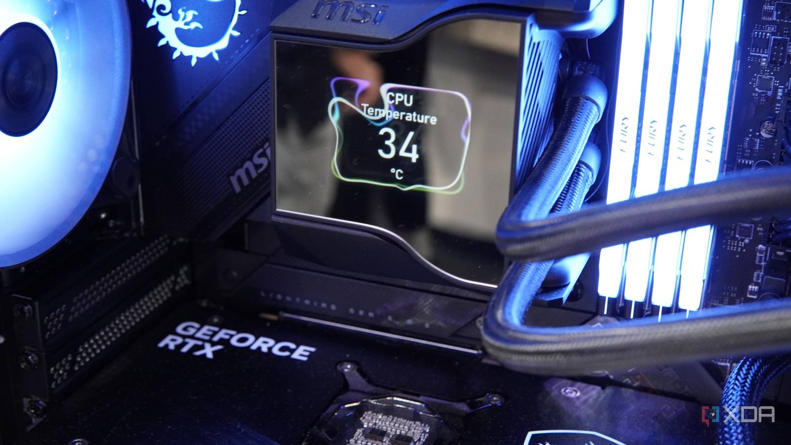 Close-up view of the display on an CPU water block from MSI