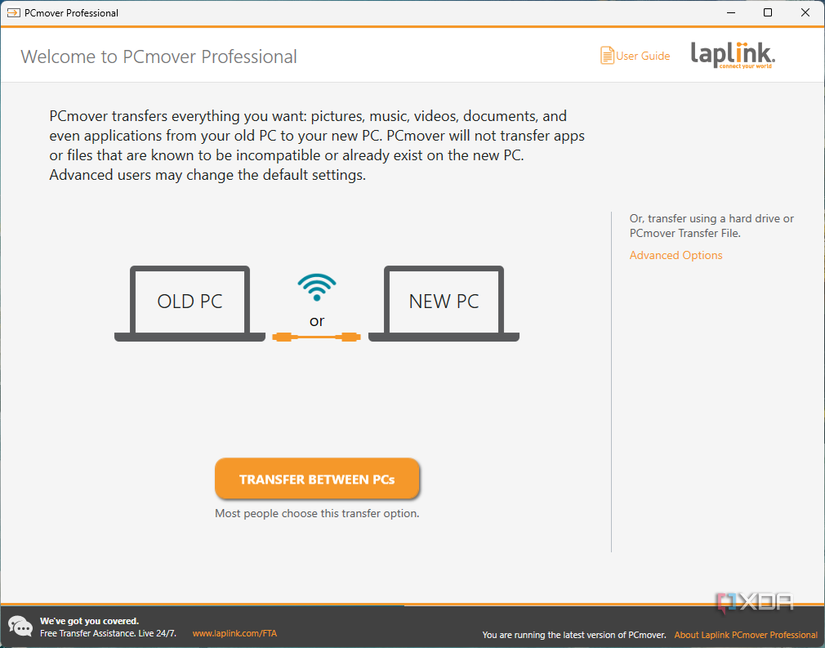 Screenshot of PCmover Professional on an LG laptop