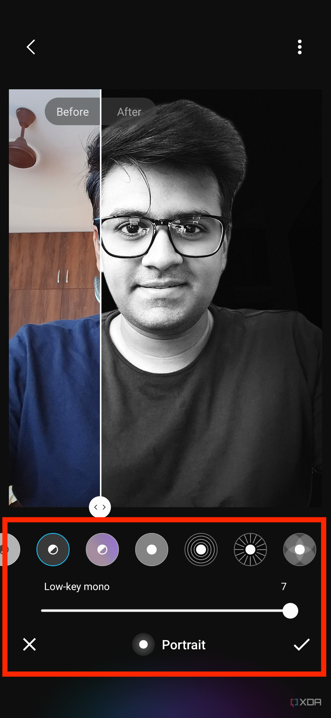 A screenshot highlighting the portrait tools with being applied to a selfie of a man in Galaxy Enhance-X app.