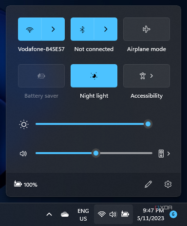 Screenshot of the Quick Actions panel in Windows 11