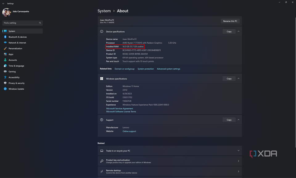 Screenshot of the About page in the Windows 11 Settings app. The amount of installed RAM is highlighted