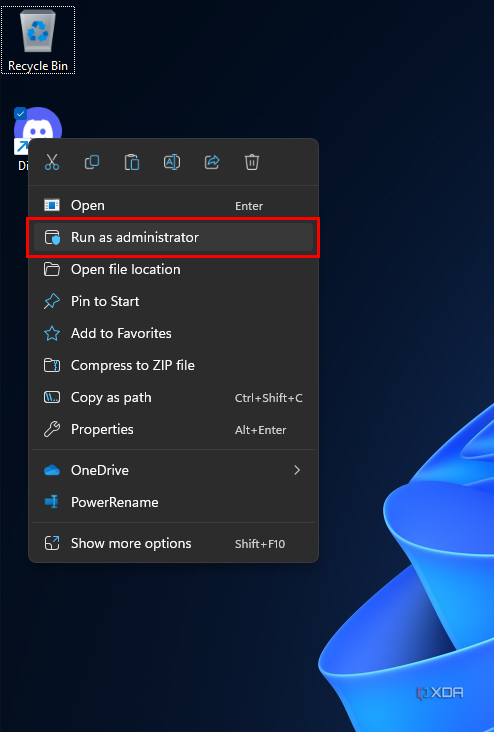 Screenshot of a context menu on the Windows 11 desktop with the Run as administrator button highlighted