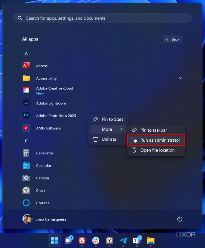 Screenshot of WIndows 11 Start Menu with the All Apps list open, showwing the Run as administrator button