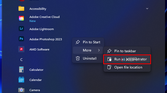 Screenshot of WIndows 11 Start Menu with the All Apps list open, showwing the Run as administrator button
