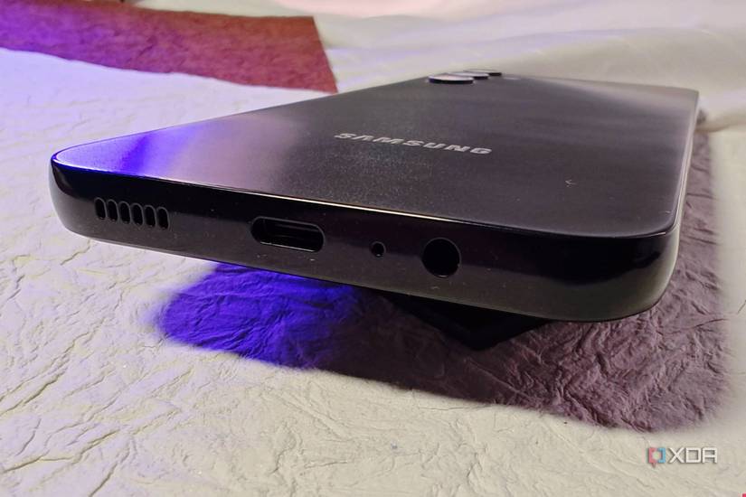 Bottom of the Samsung Galaxy A14 5G showing USB-C port, headphone jack, and speaker