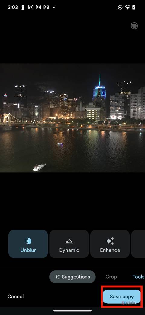 The save copy button for the Photo Unblur feature.