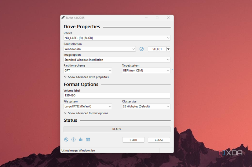 A screenshot of Rufus running on Windows 11, showing the drive properties window