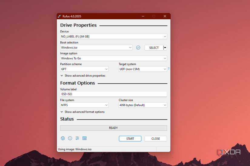 A screenshot of Rufus running in Windows 11