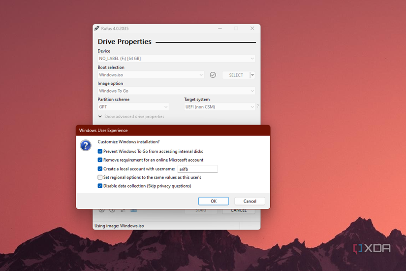 A screenshot of drive properties options in Rufus in Windows 11