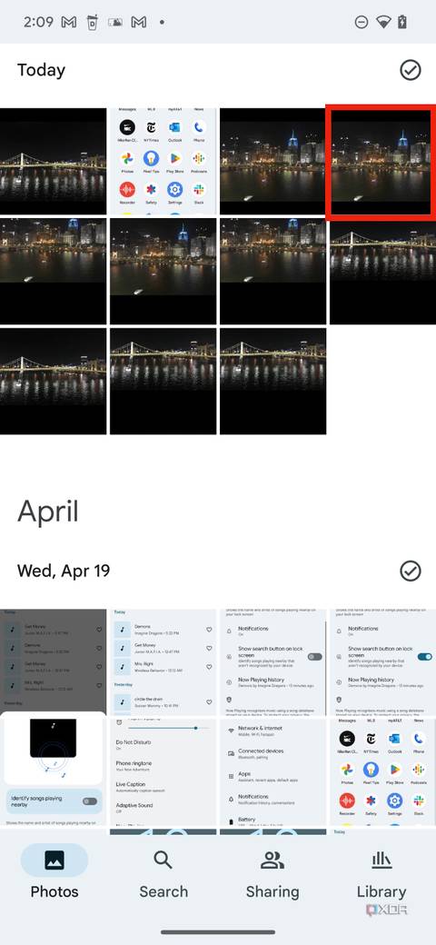 The process of selecting an image in the Google Photos app.