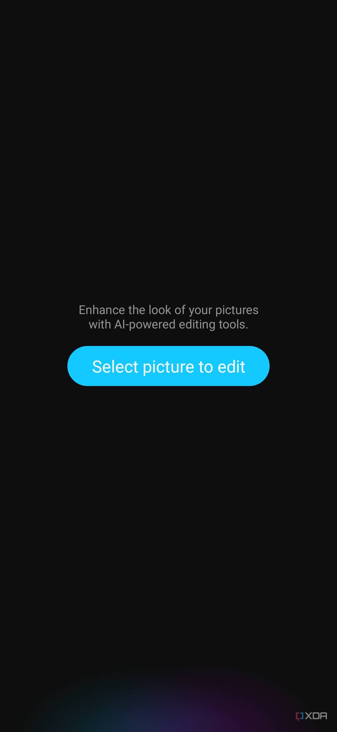 An image showing a blue-colored software button on a phone's screen with the text that reads "select picture to edit" in Galaxy Enhance-X app.