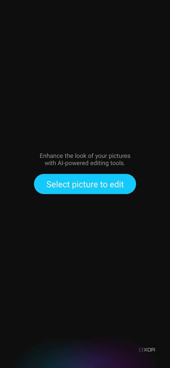 An image showing a blue-colored software button on a phone's screen with the text that reads "select picture to edit" in Galaxy Enhance-X app.