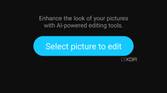 An image showing a blue-colored software button on a phone's screen with the text that reads "select picture to edit" in Galaxy Enhance-X app.