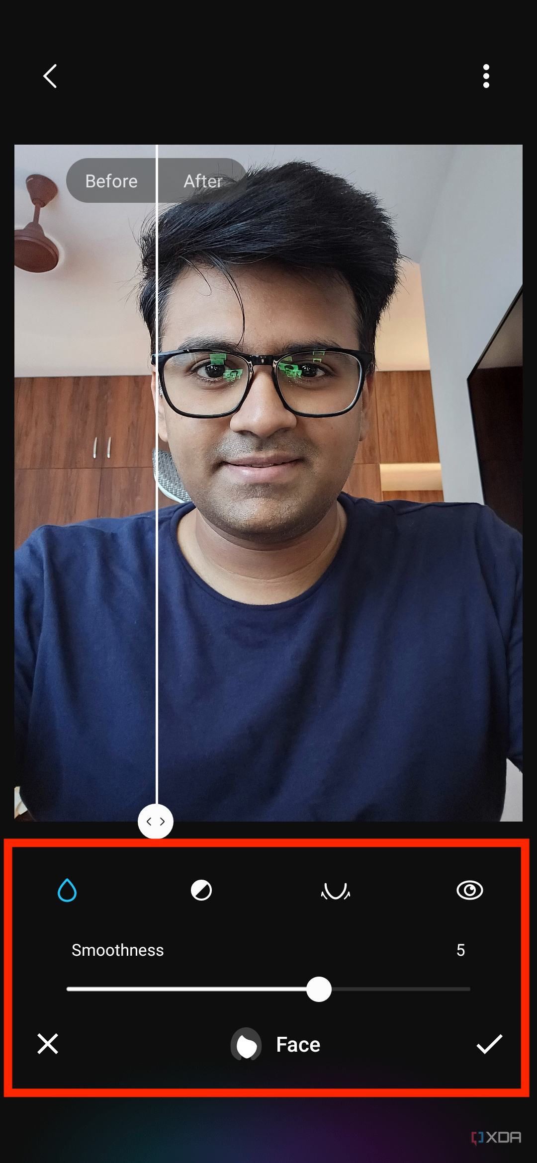 A screenshot highlighting face edit tools in Samsung Galaxy Enhance-X app.