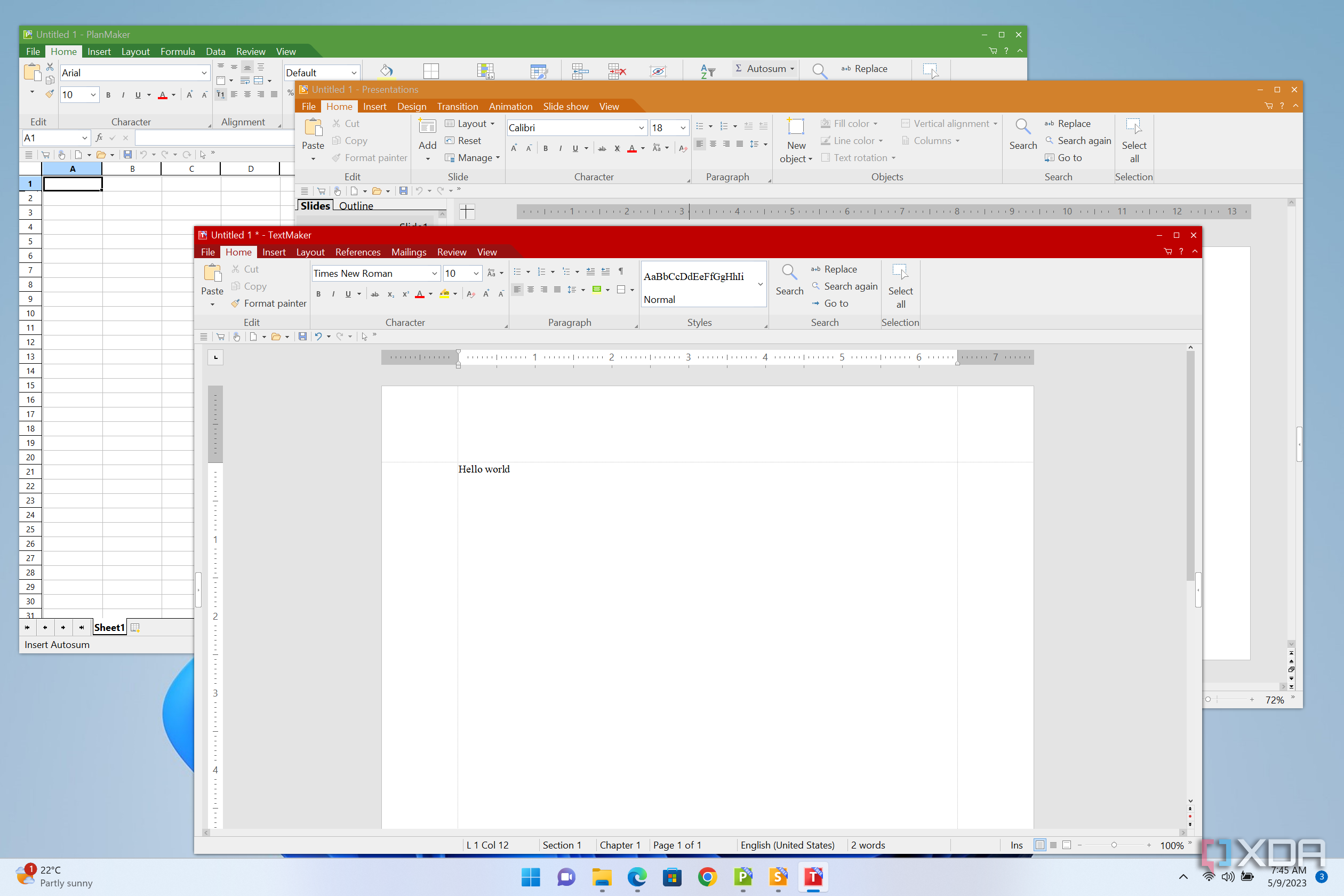 Screenshot of TextMaker, PlanMaker, and Presentations, three apps in the FreeOffice suite