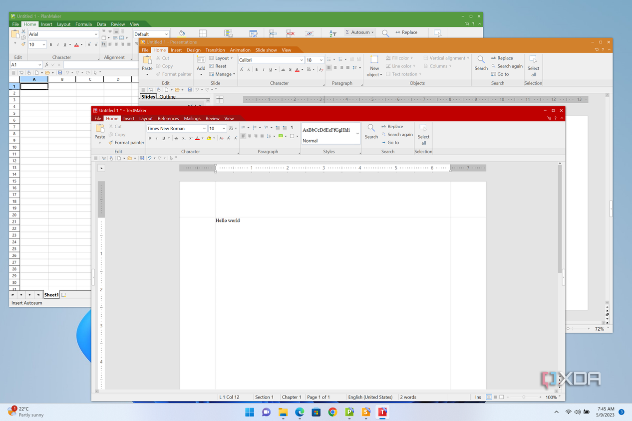 Screenshot of TextMaker, PlanMaker, and Presentations, three apps in the FreeOffice suite