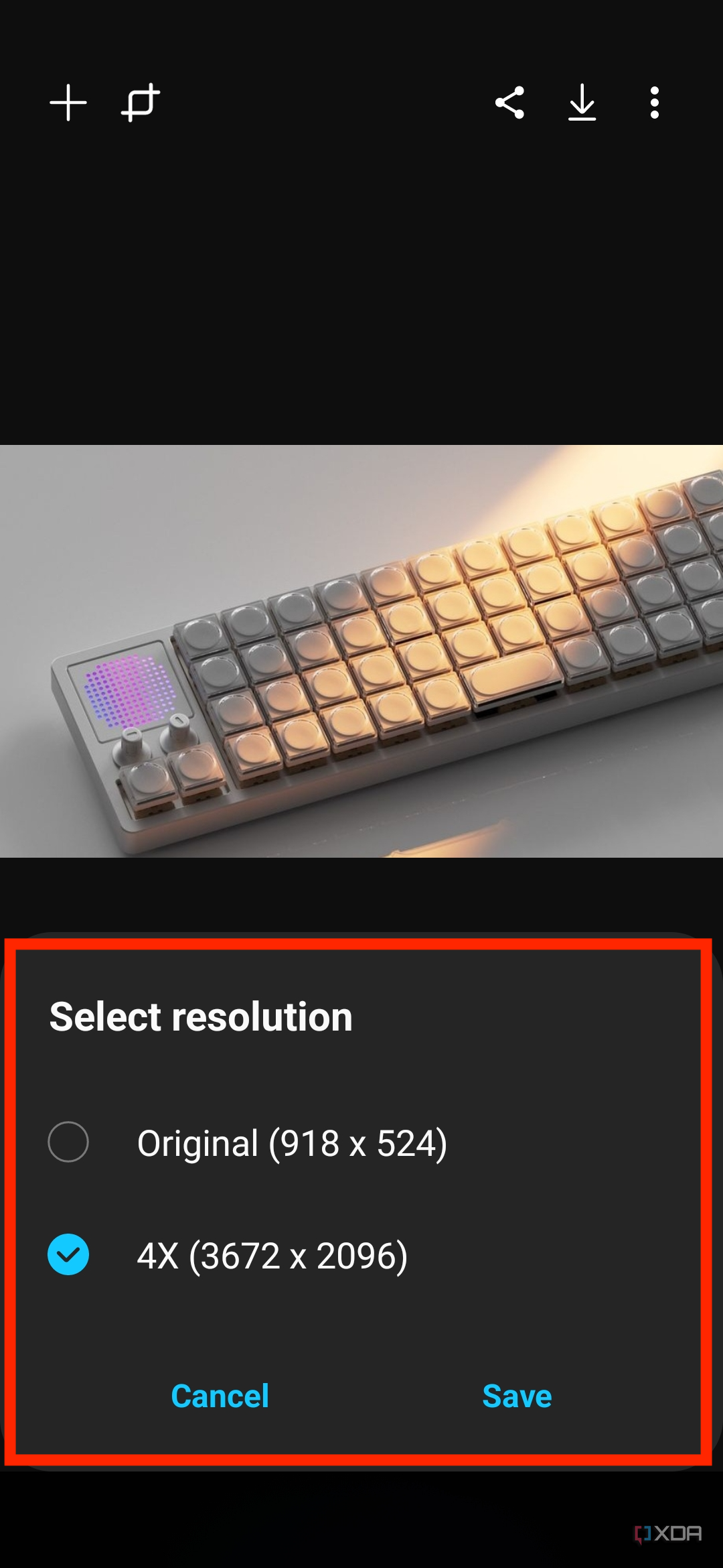 A screenshot showing the Upscale option during an export in Galaxy Enhance-X app.