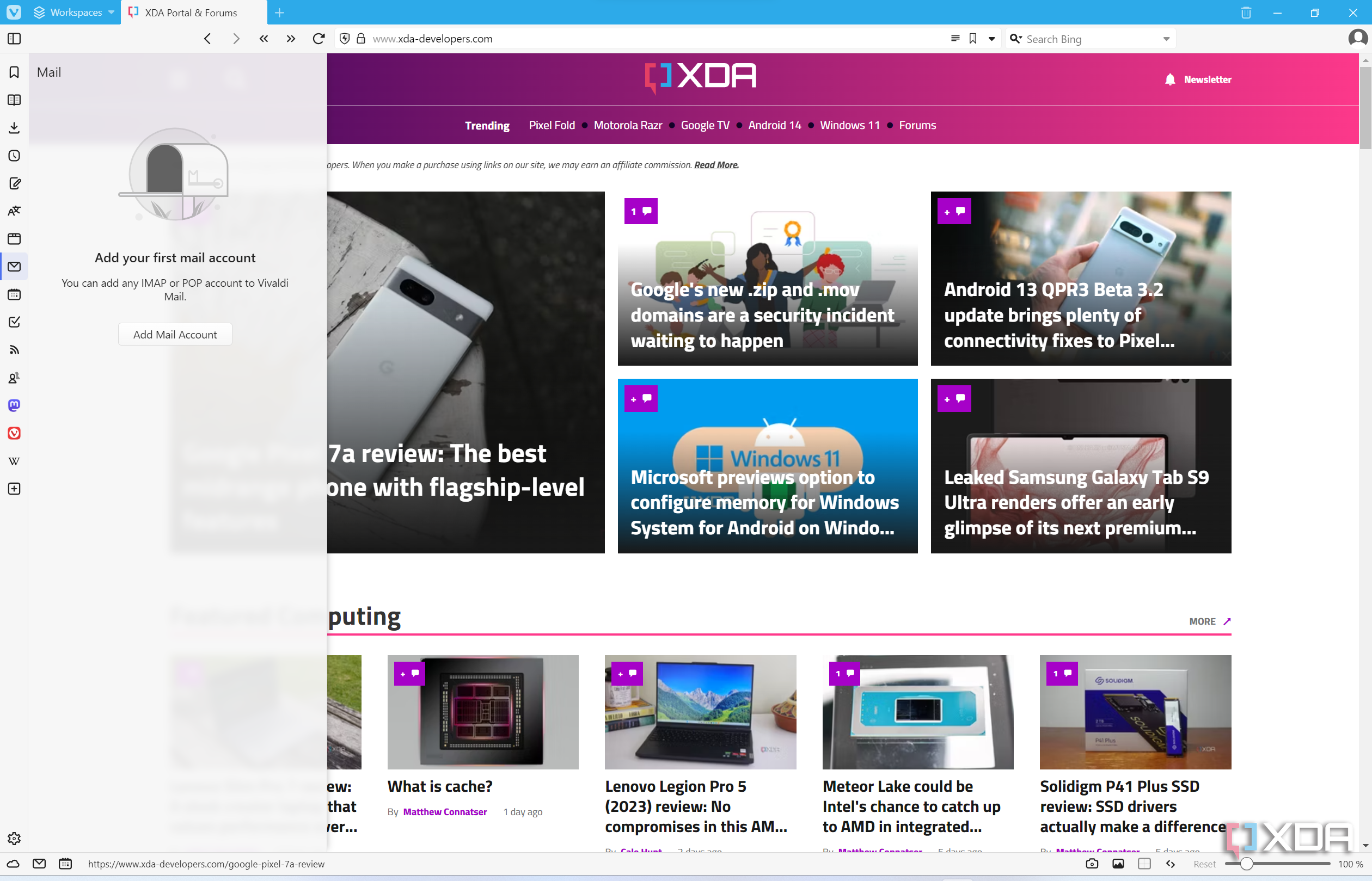 Screenshot of the Vivaldi browser displaying the XDA homepage and the Mail side panel