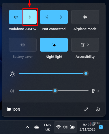 Screenshot of the Quick Actions panel with the Wi-Fi arrow button highlighted