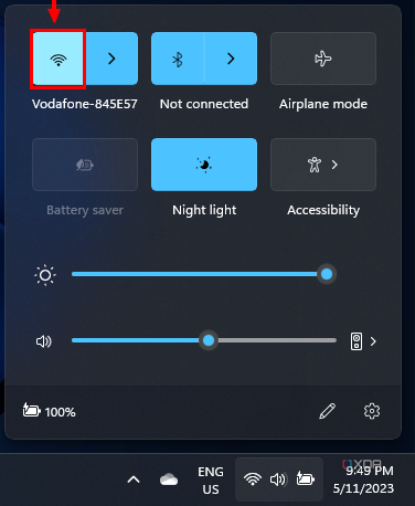 Screenshot of the Windows 11 Quick Settings panel with the Wi-Fi toggle highlighted