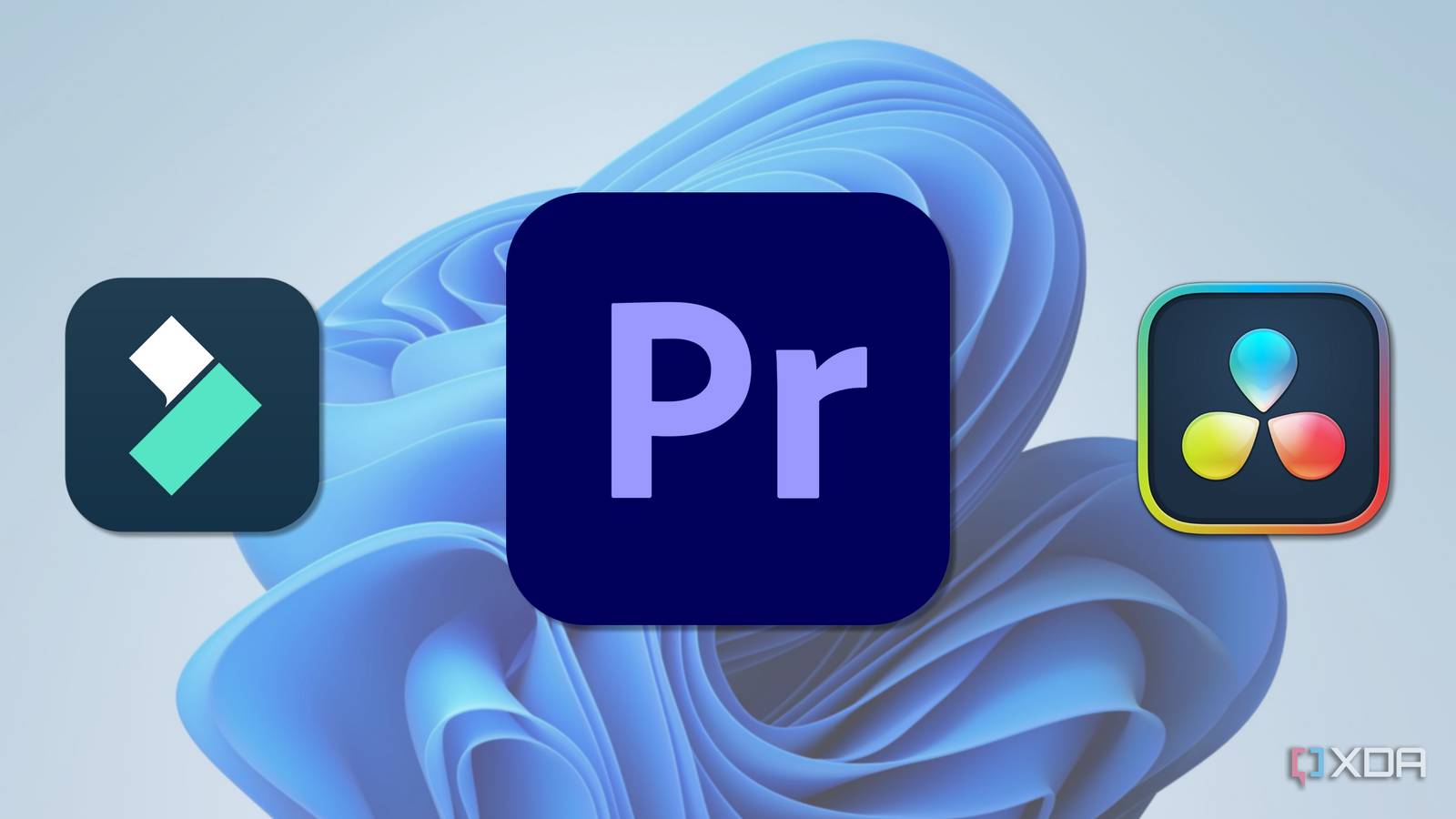 Screenshot of the Windows 11 desktop with icons for Adobe Premiere, DaVinci Resolve, and Wondershare Filmora overlaid on it