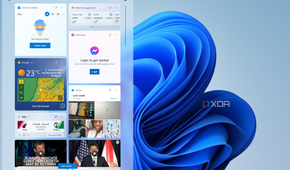 Screenshot of the Windows 11 desktop with the Widgets board open