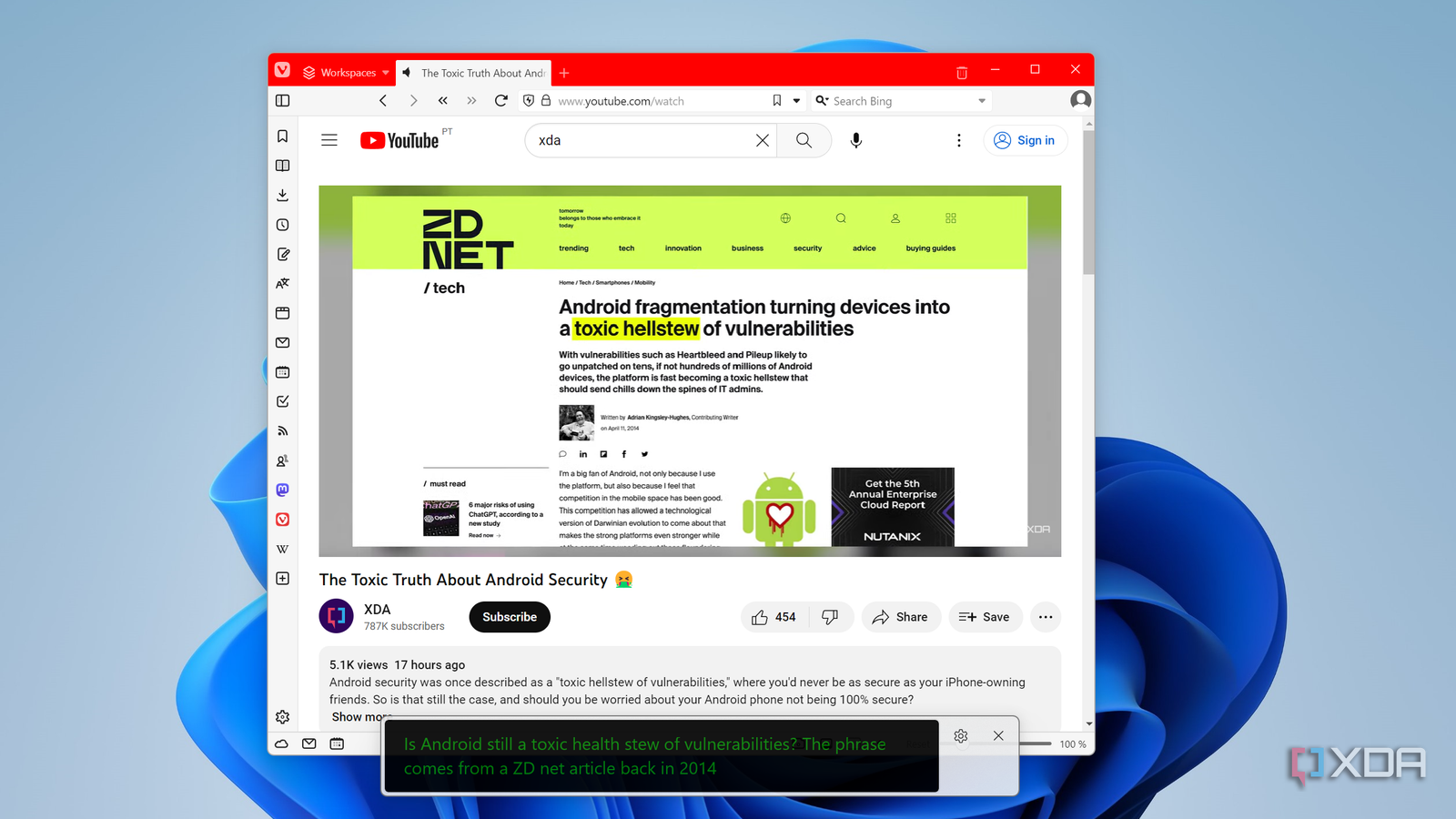 Screenshot of Windows 11 playing a YouTube video. Live captions are displayed in a floating panel