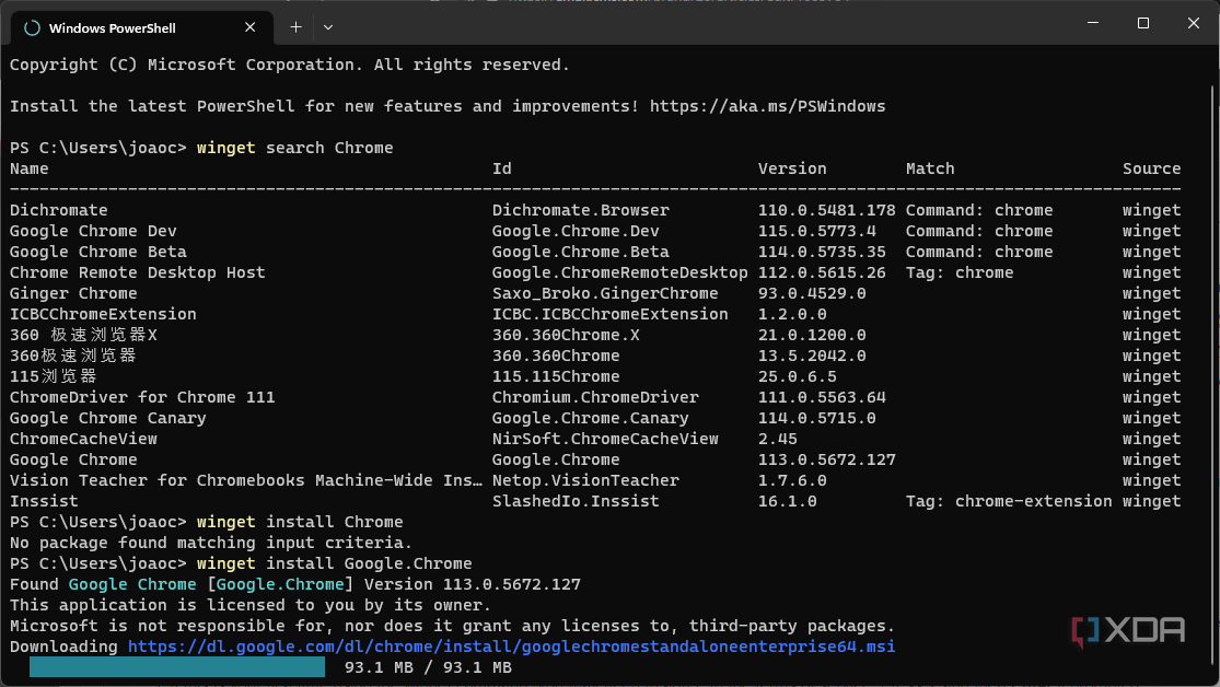 Screenshot of Windows Terminal showing download progress for Google Chrome