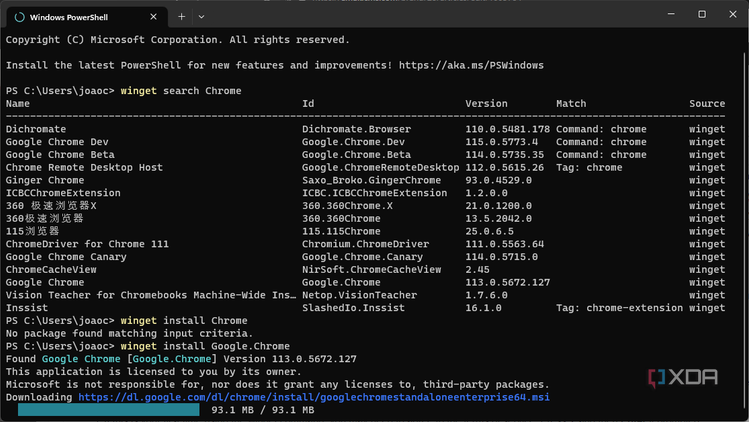 Screenshot of Windows Terminal showing download progress for Google Chrome