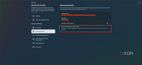 A screenshot showing the account ownership settings in Facebook.