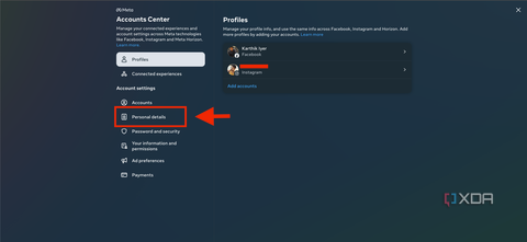 A screenshot showing the accounts center page in Facebook.