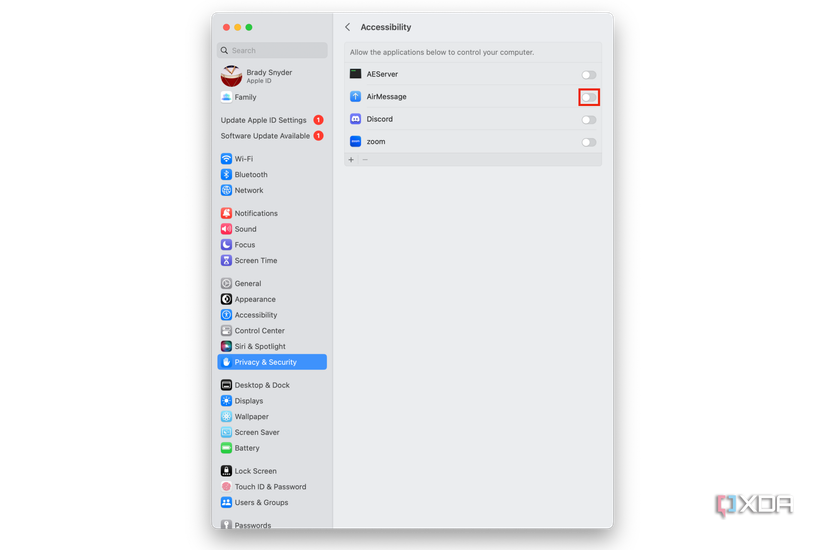 The accessibility toggle for AirMessage in System Settings.