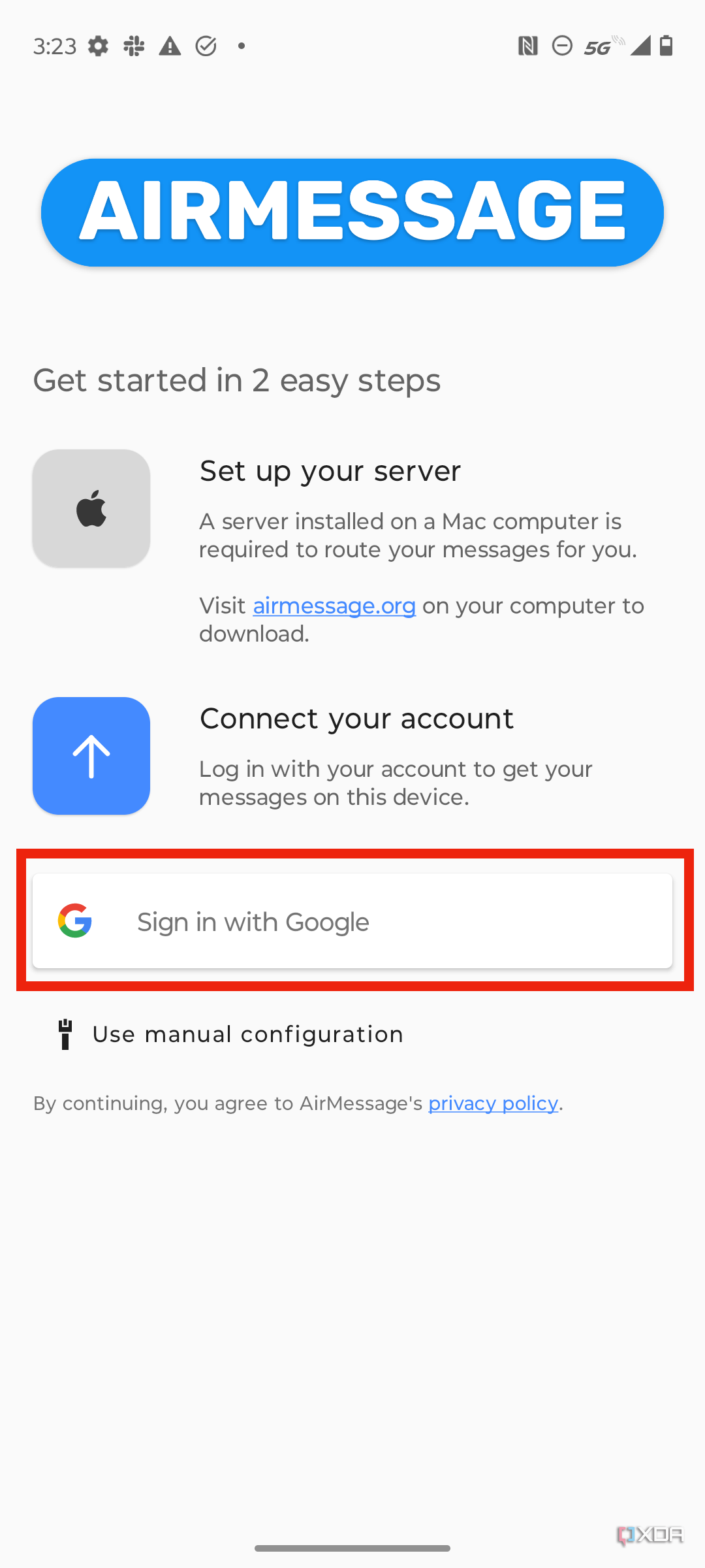 The sign in with Google prompt in AirMessage.
