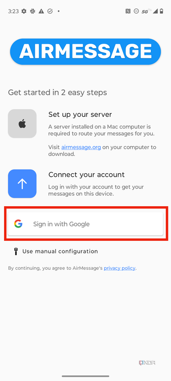 The sign in with Google prompt in AirMessage.