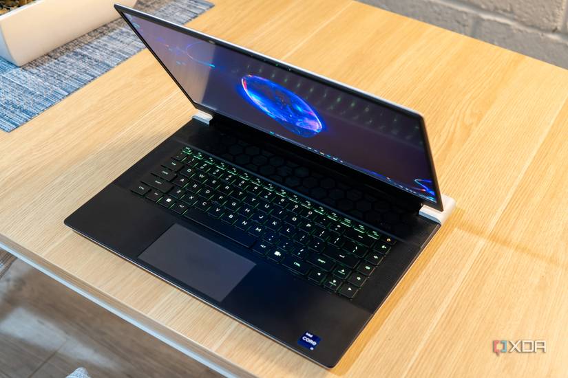 Angled front view of the Alienware x16 facing left.