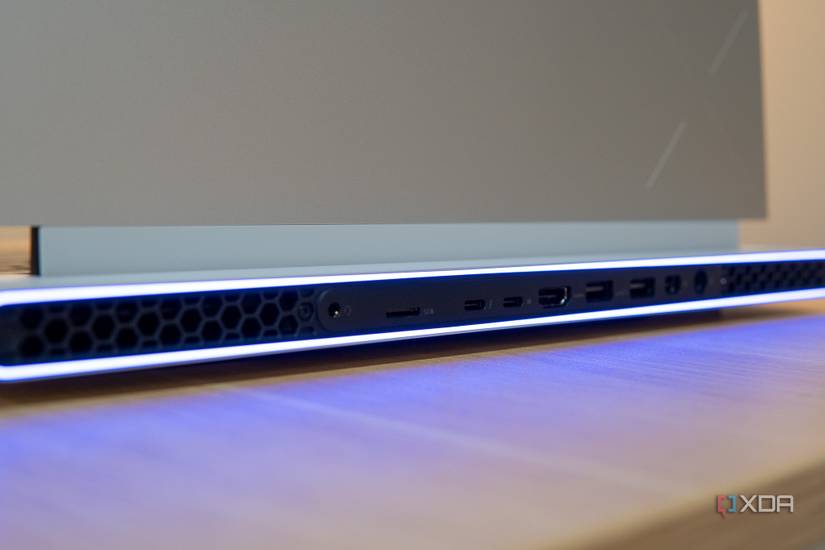 Close-up view of the rear exhaust and ports on the Alienware x16