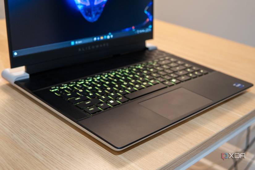 Angled view of the keyboard on the Alienware x16